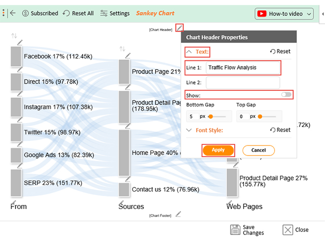settings sankey chart in excel