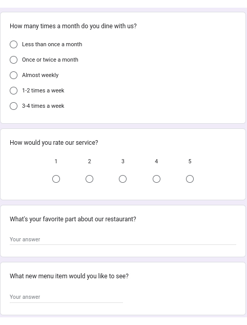 customer survey for a restaurant