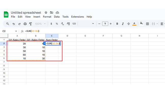 Use SUM Formula to Find Total for Learning How to Use Google Spreadsheet to Create Chart